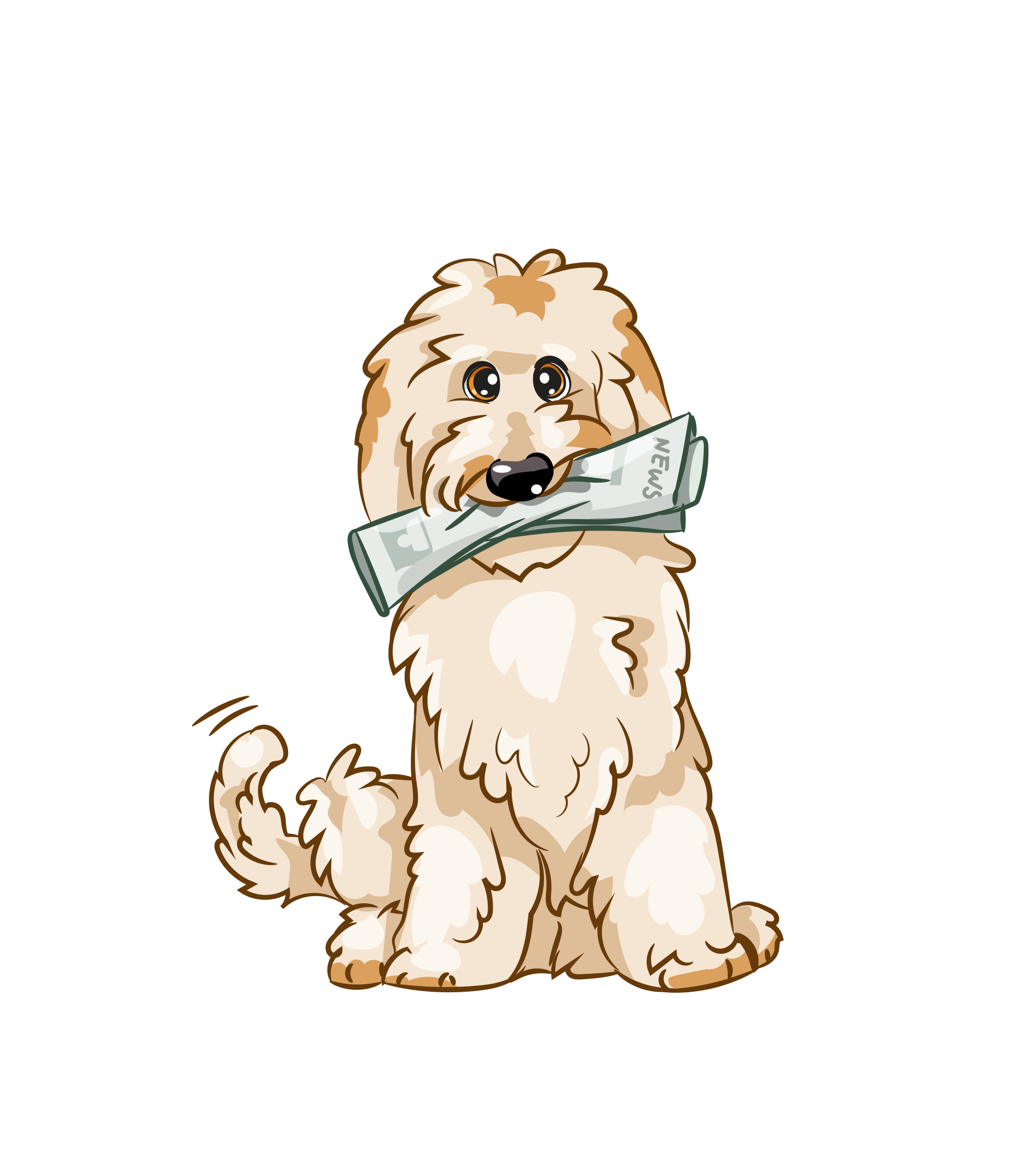 Steve, the Fetch the Paper goldendoodle mascot, holding a newspaper