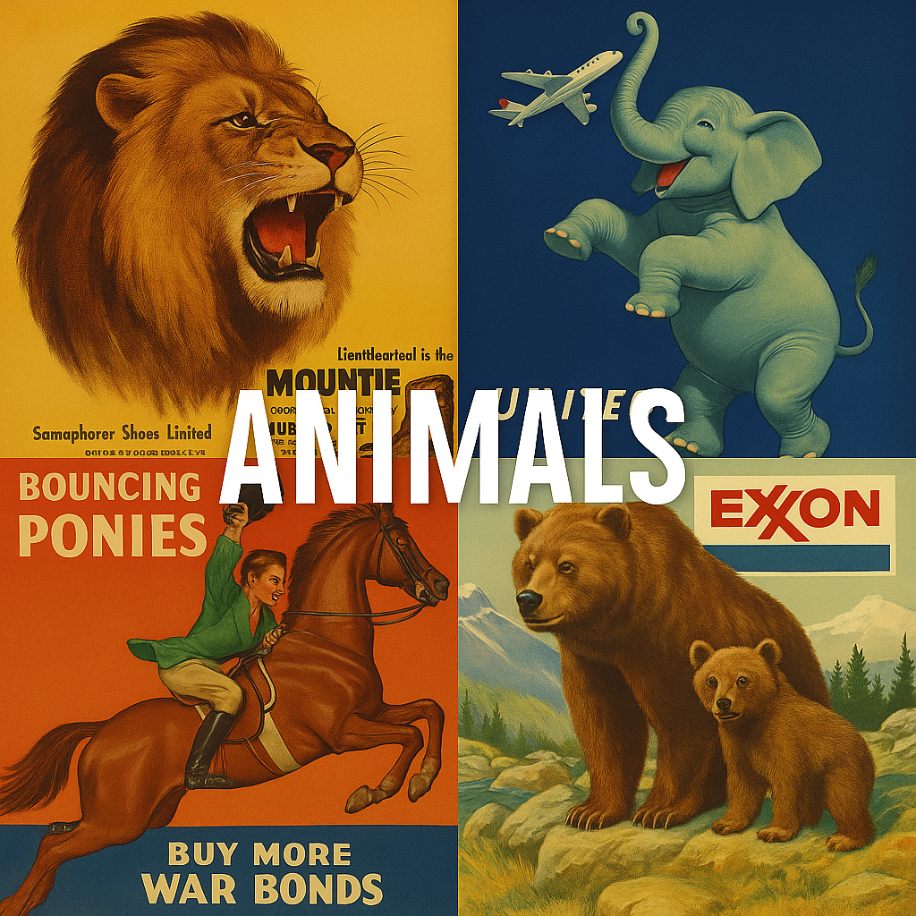 Magazine print advertising featuring or including different animal breeds.