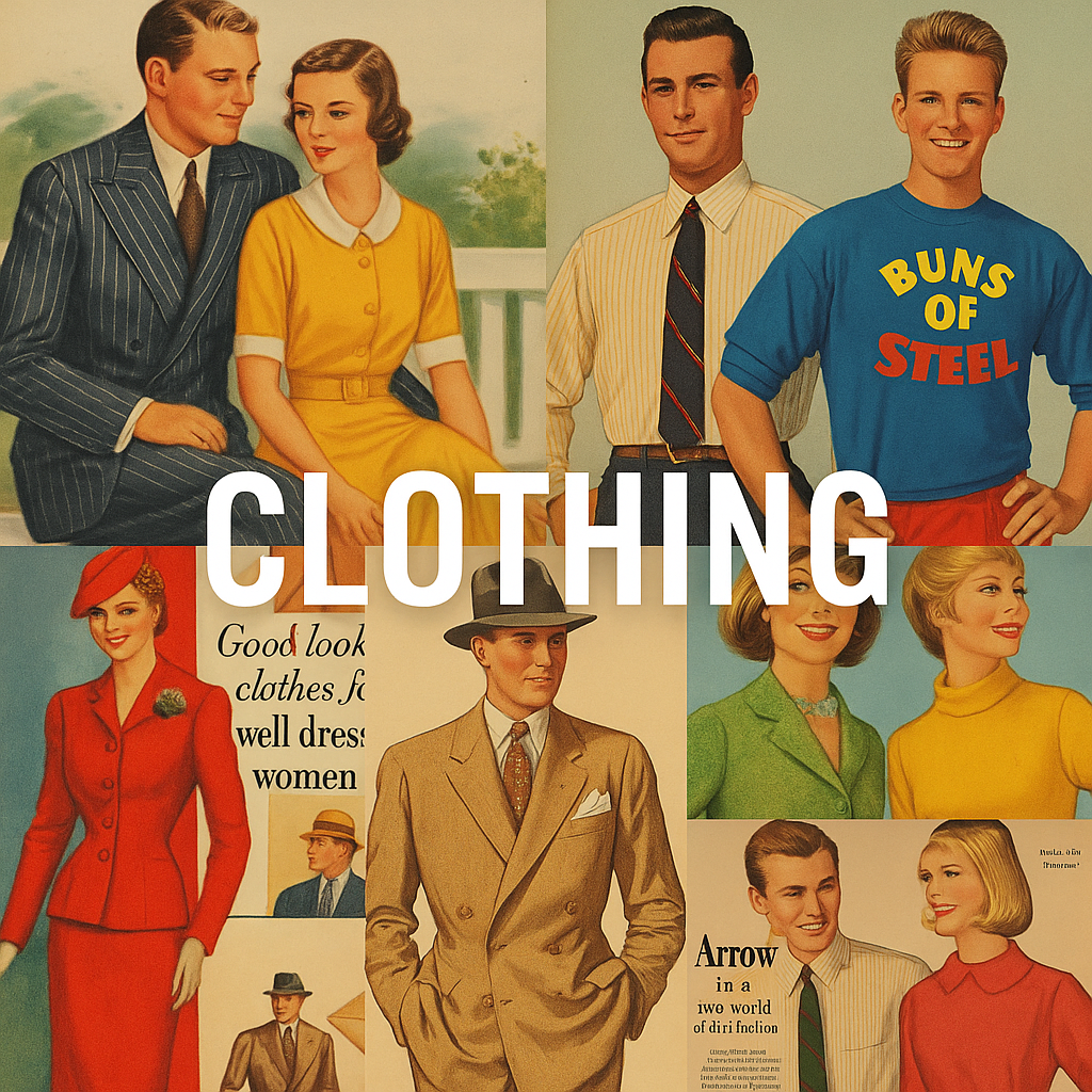 Clothing for men and women in magazine page advertising