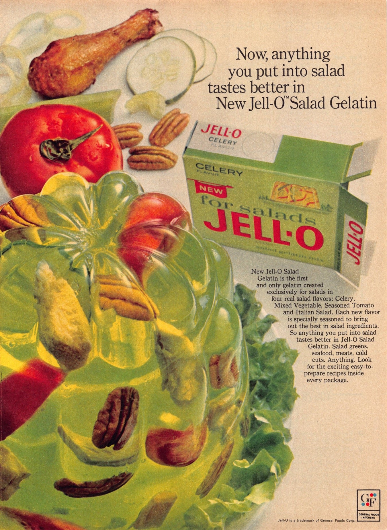 Vintage Jell-O magazine ad with colorful recipes and classic artwork