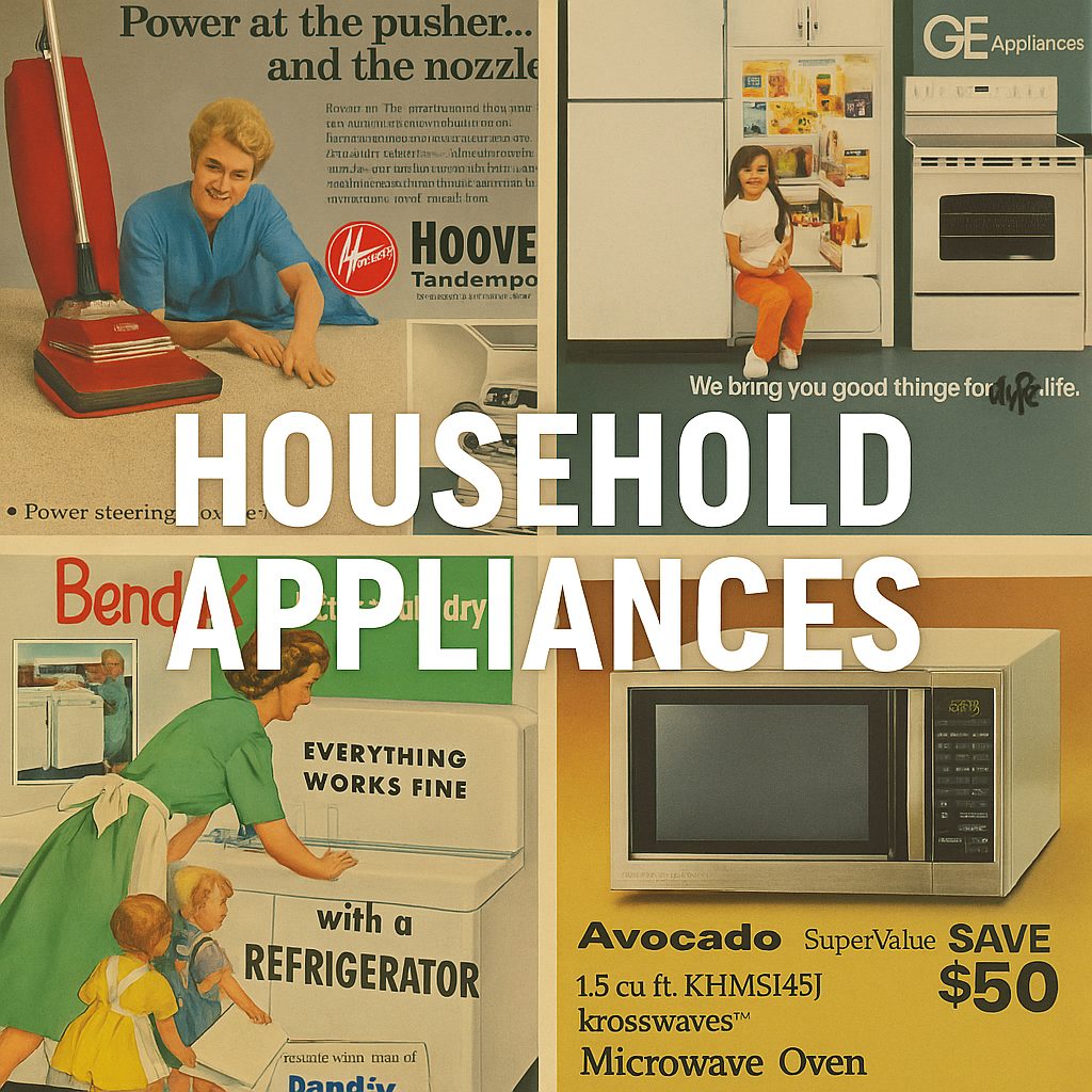 Magazine print advertising featuring household appliances