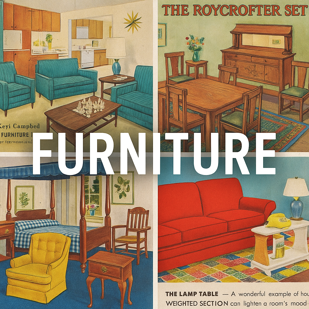 Magazine print advertising featuring furniture through the decades