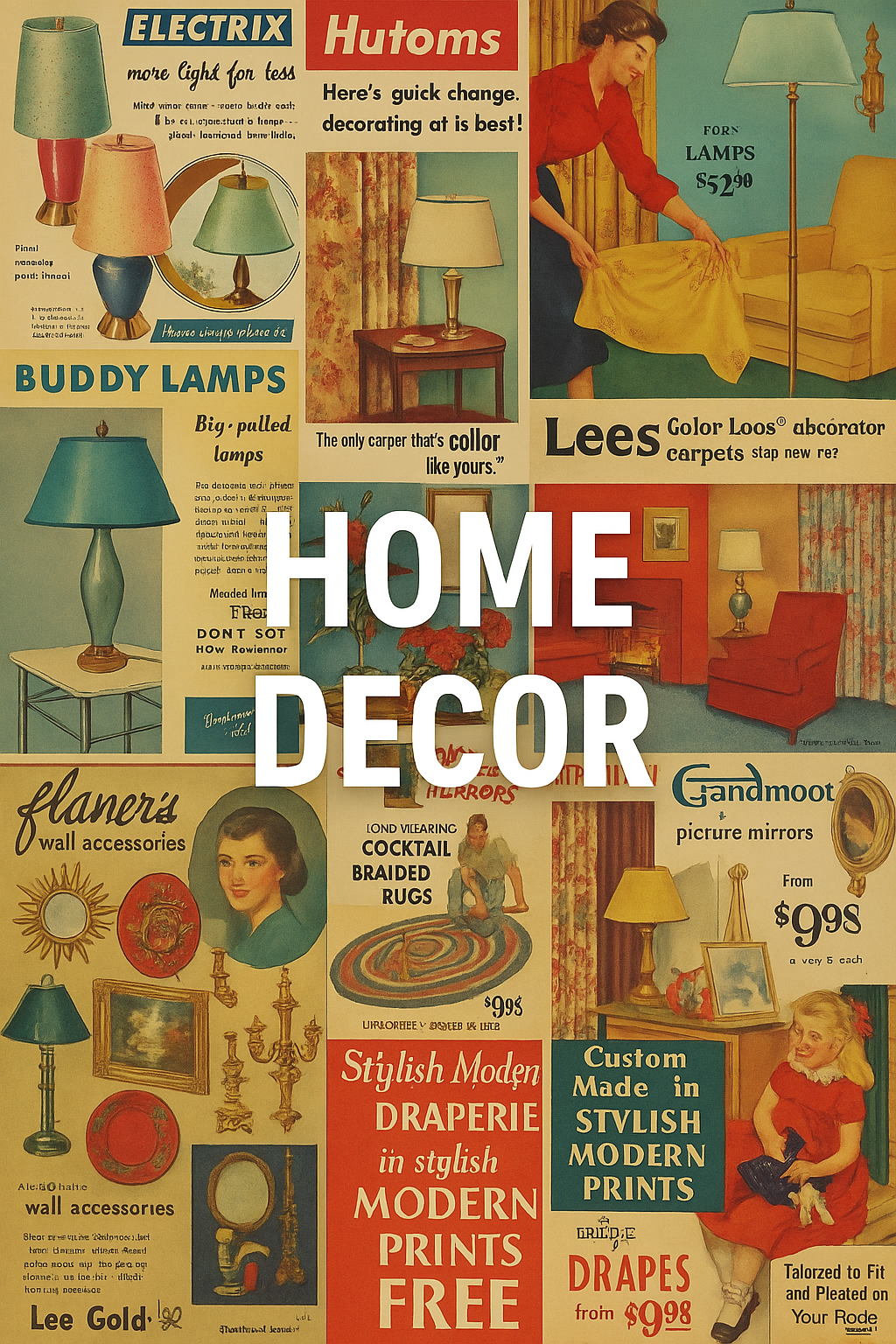 Magazine print advertising showcasing home decor through the last 100 years