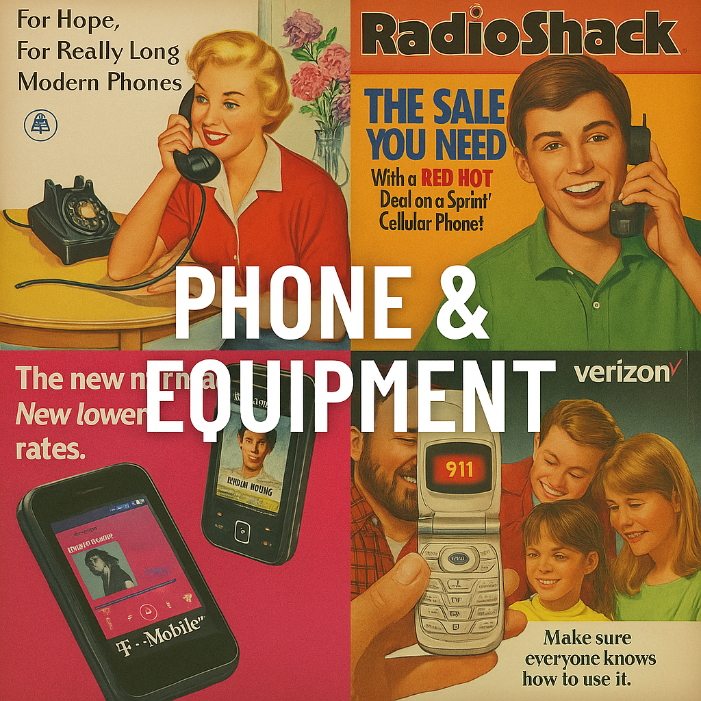 Magazine print advertising featuring phone brands, services and equipment.