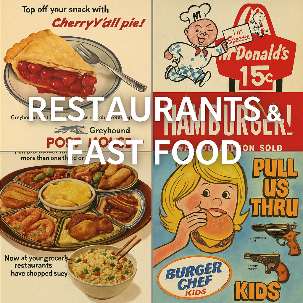 Magazine print advertising featuring restaurants and fast food.
