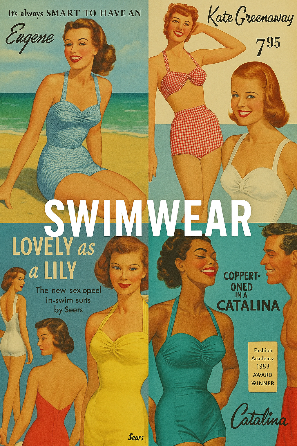 Magazine print advertising featuring swimwear from the early 1900s to today.