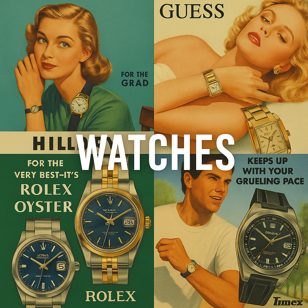 Magazine print advertising featuring men's and women's watches.