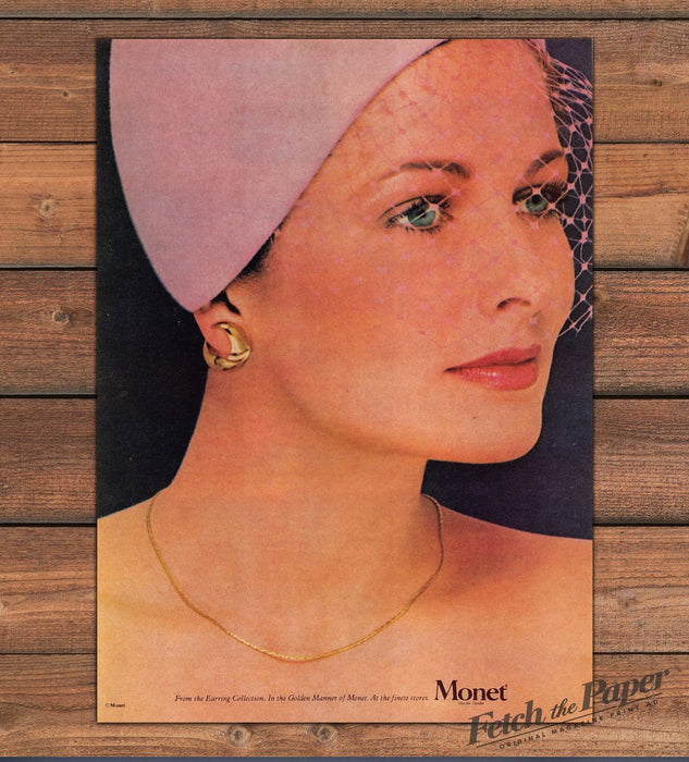 Monet Gold Hoop Earrings Necklace Pink Veiled Hat Print Ad 1979 1970s