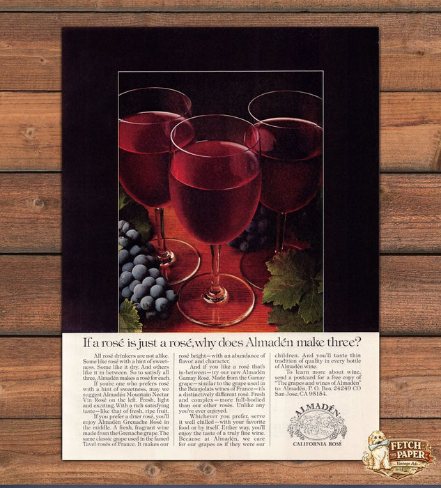 Almaden California Rosé Wine Glasses Grapes Print Ad 1978 1970s