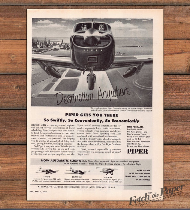 Piper Comanche Destination Anywhere Meigs Field Plane Print Ad 1959 1950s