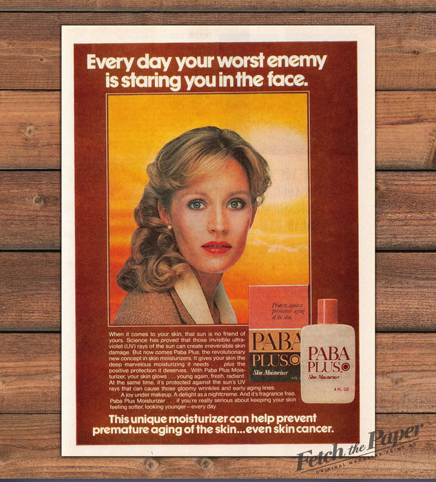 Paba Plus Skin Moisturizer Sunset Portrait Anti Aging Print Ad 1980 1980s