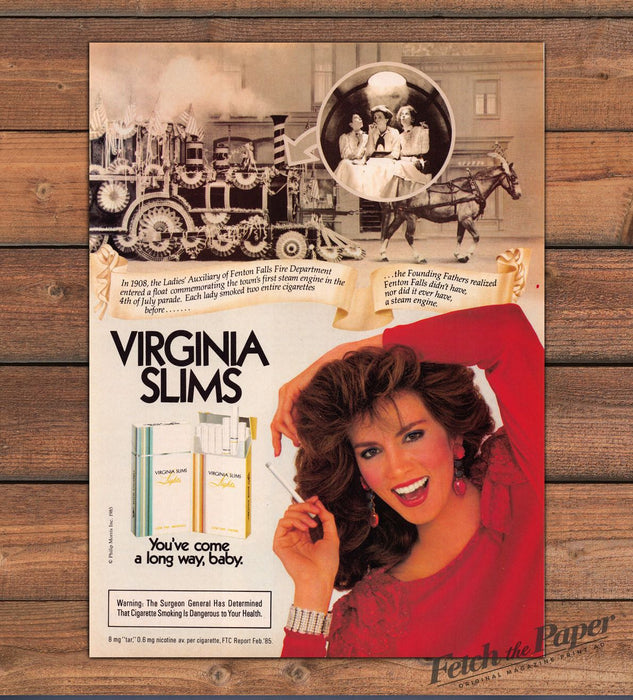 Virginia Slims Cigarettes Big Hair Brunette Red Top Earrings Print Ad 1985 1980s