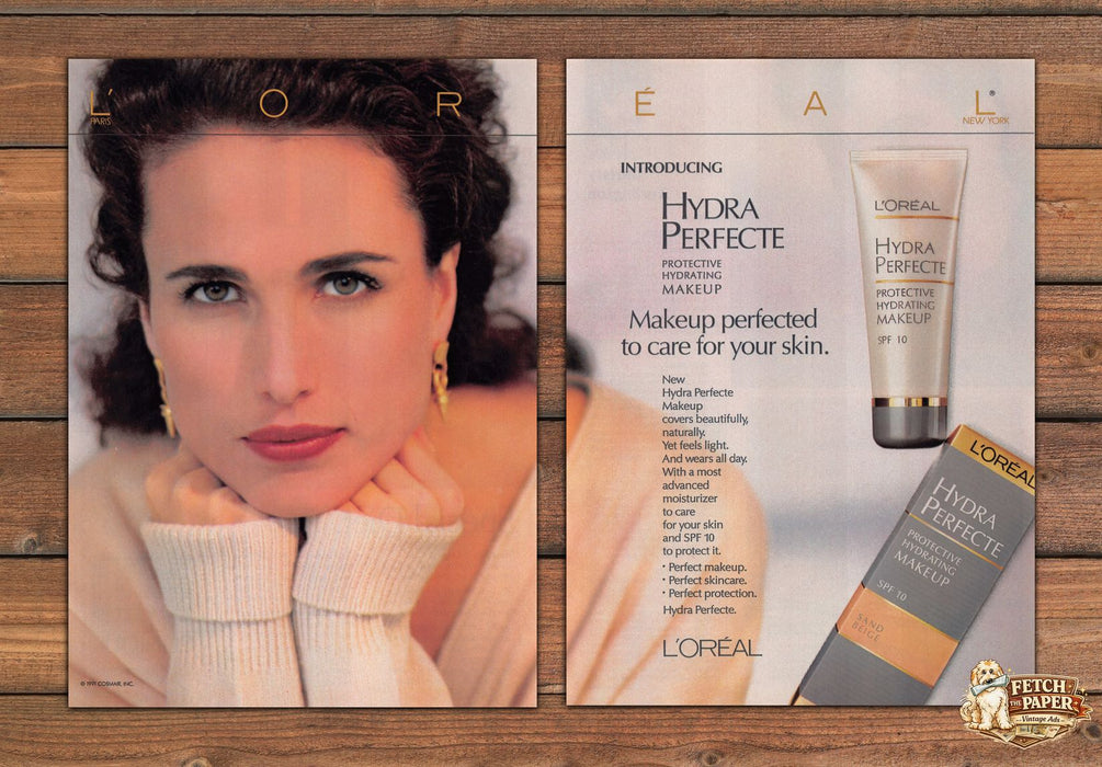 L'Oreal Andie MacDowell Hydra Perfecte Protective Makeup Print Ad 1991 1990s