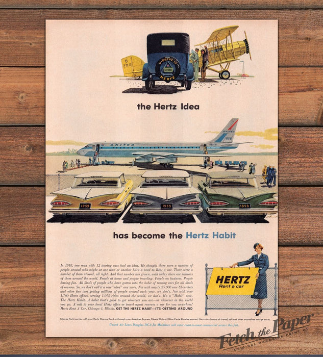 Hertz Rent A Car Hertz Habit Biplane United DC-8 Chevrolets Print Ad 1959 1950s