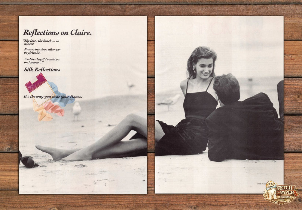 Hanes Silk Reflections Pantyhose Claire Beach Couple Print Ad 1989 1980s (2 pgs)