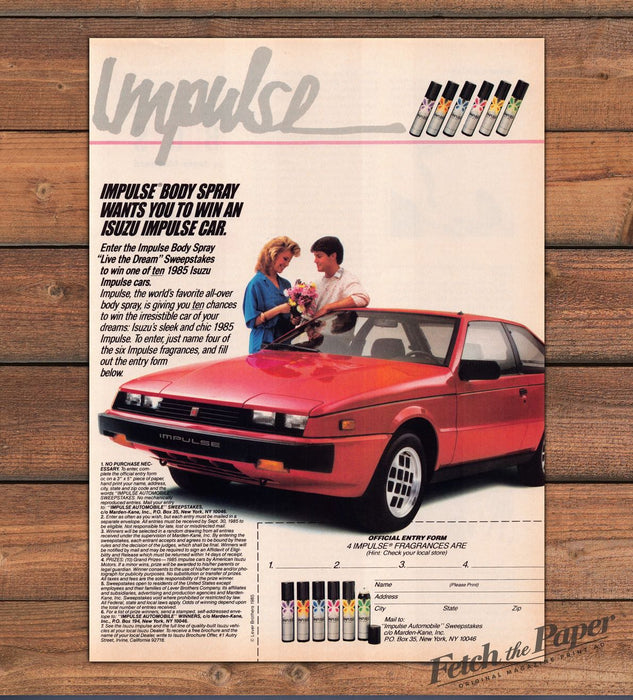 Impulse Body Spray Isuzu Impulse Car Sweepstakes Couple Print Ad 1985 1980s