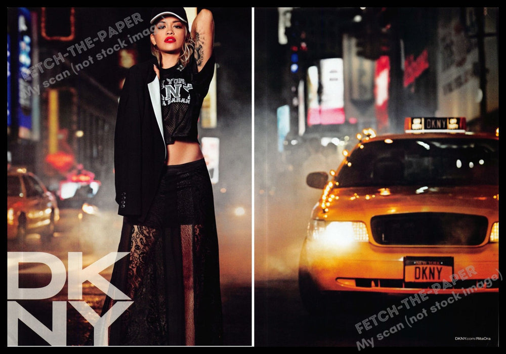 DKNY 2010s Print Advertisement (2 page) 2013 Rita Ora NYC Taxi Cab Night Street