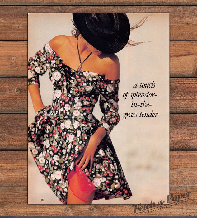 Strawberry Floral Off Shoulder Dress Black Straw Hat Magazine Photo 1988 1980s