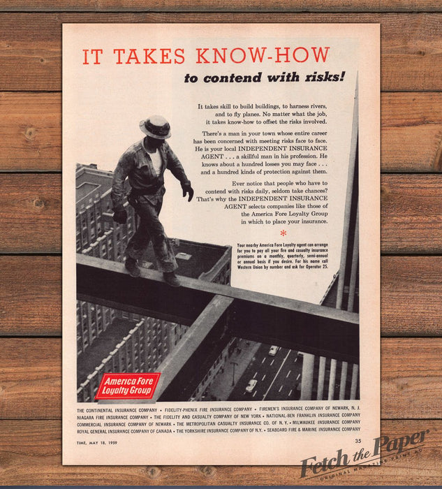 America Fore Loyalty Group Insurance Know-How Risks Print Ad 1959 1950s