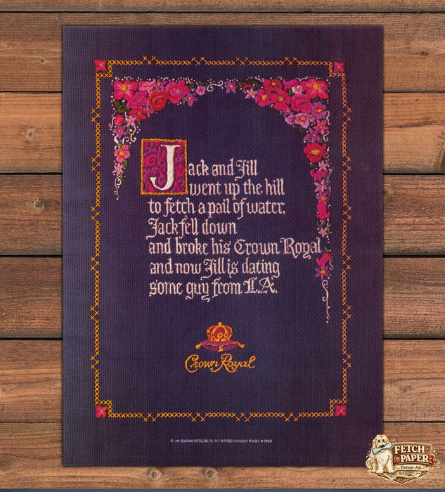 Crown Royal Jack and Jill Cross Stitch Whisky Print Ad 1988 1980s