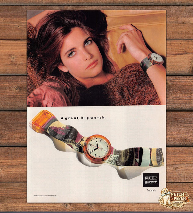 Pop Swatch Stephanie Seymour Reclining Brown Sweater Print Ad 1991 1990s