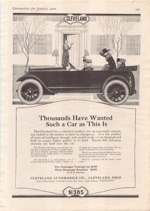 1920s Cleveland Automobile Co. Six Car Illustration Print Advertisement Ad 1920