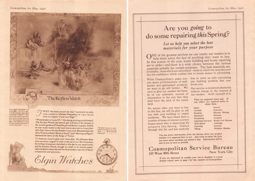 1920s Elgin Watches & Cosmopolitan Service Print Advertisement Front / Back 1921