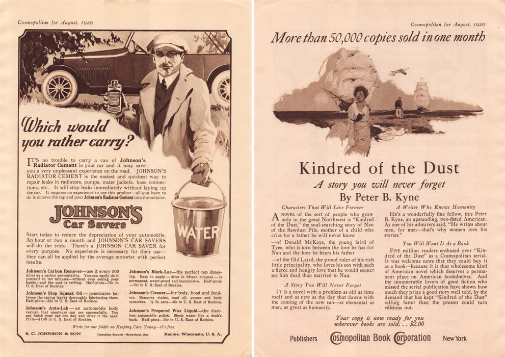 1920s Johnson's Car Savers & Kyne Book Print Advertisements Front / Back Ad 1920