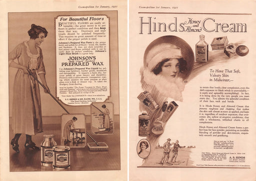 1920s Johnson's Wax & Hinds Cream Print Advertisements Front / Back Ad 1921