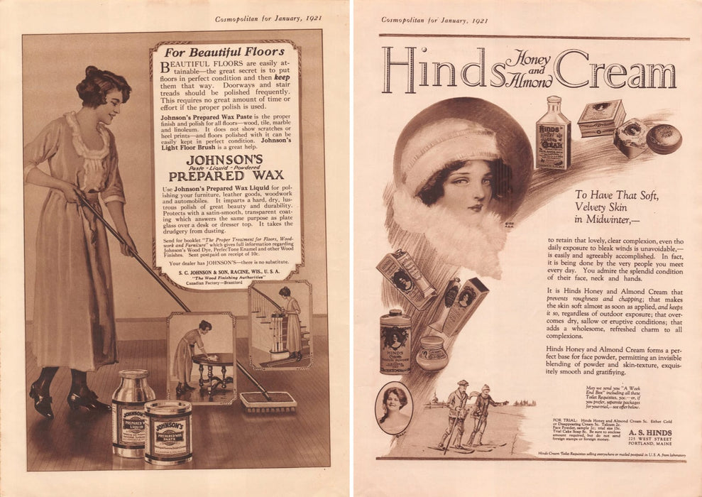1920s Johnson's Wax & Hinds Cream Print Advertisements Front / Back Ad 1921