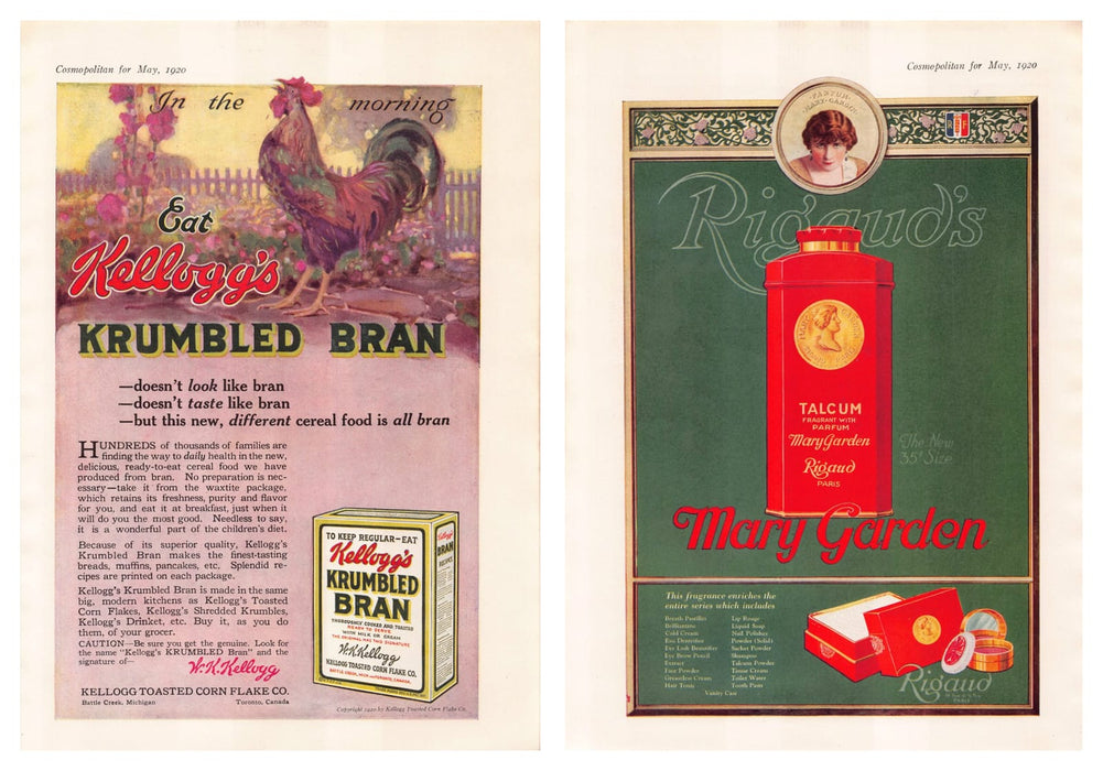 1920s Kellogg's & Rigaud Antique Print Advertisements Front / Back Ad 1920