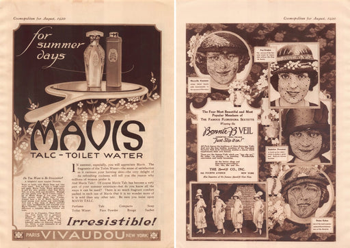 1920s Mavis Perfume & Bonnie-B Veil Print Advertisements Front / Back Ad 1920