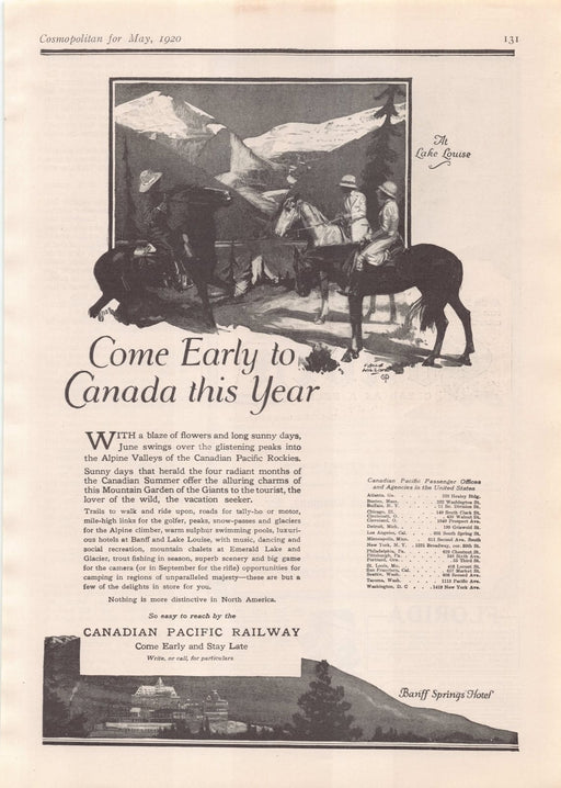 1920s Pacific Railway Banff Springs Hotel Travel International Ad Canadian 1920