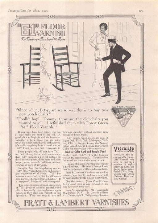 1920s Pratt & Lambert Varnishes Household Print Advertisement Ad 1920