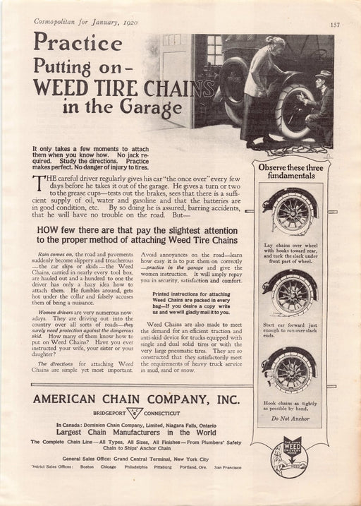 1920s Print Advertisement American Chain Co. Weed Tire Chains Ad 1920
