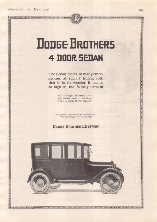 1920s Print Advertisement Dodge Brothers 4 Door Sedan Car Ad 1920