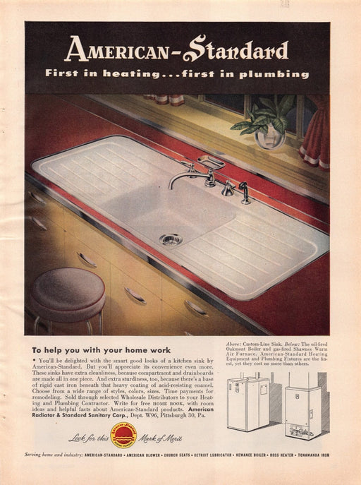 1940s American-Standard Kitchen Sink Product Print Advertisement Ad 1949