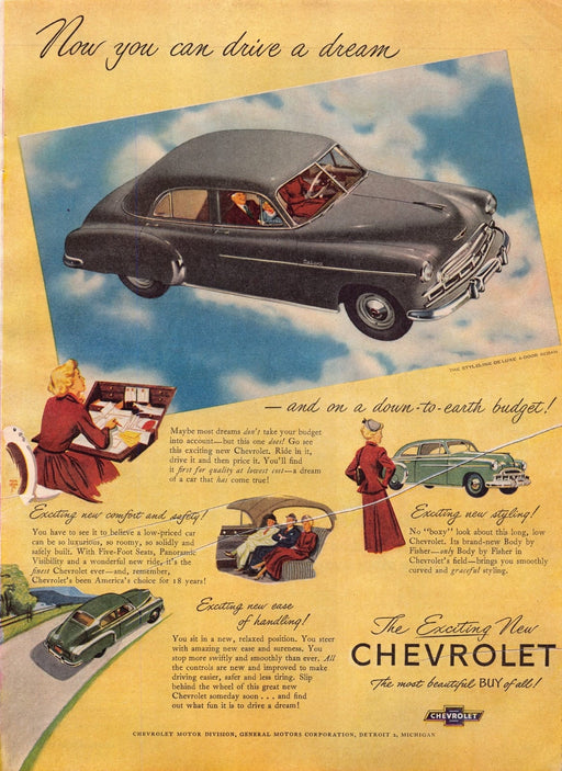 1940s Chevrolet The Styleline De Luxe Sedan Car Print Advertisement Ad 1949
