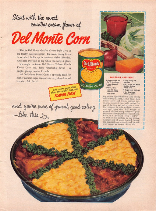 1940s Del Monte Corn "Harlequin Casserole" Recipe Print Advertisement Ad 1949