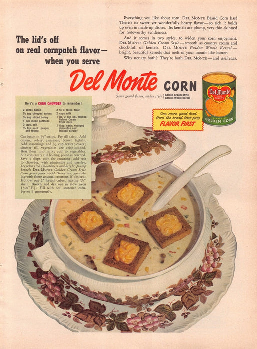1940s Del Monte Golden Corn Chowder Recipe Print Advertisement Ad 1949