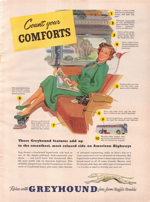 1940s Greyhound SuperCoach Bus Interior Print Advertisement Ad 1949