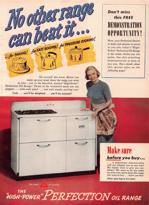 1940s "High-Power" Perfection Oil Range Appliance Print Advertisement Ad 1949
