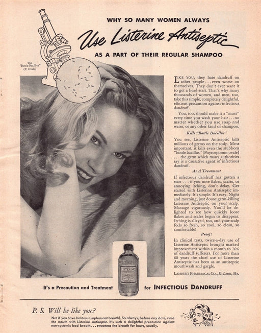 1940s Listerine to Treat Dandruff Hair Quackery Print Advertisement Ad 1949