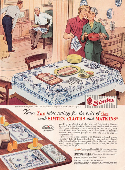 1940s Simtex Cloths and Matkins "Willow" Linens Print Advertisement Ad 1949