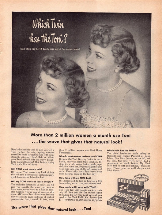 1940s Toni Home Permanent Hair Twins Print Advertisement Ad 1949