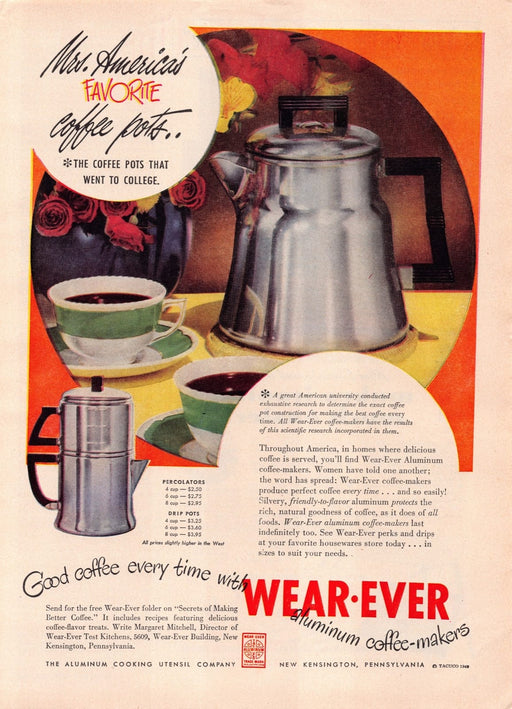 1940s Wear-Ever Coffee Pots Cooking Print Advertisement Ad 1949