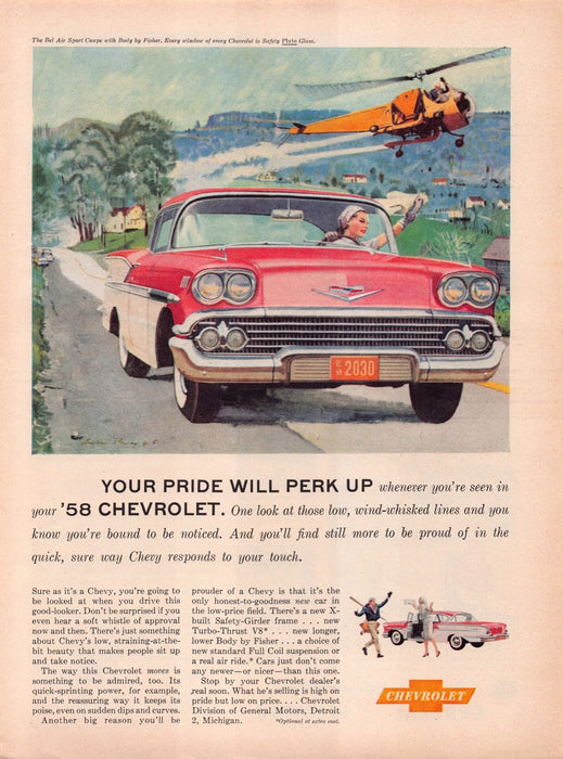 1950s Chevrolet Bel Air Sport Coupe Car & Helicopter Print Advertisement Ad 1958