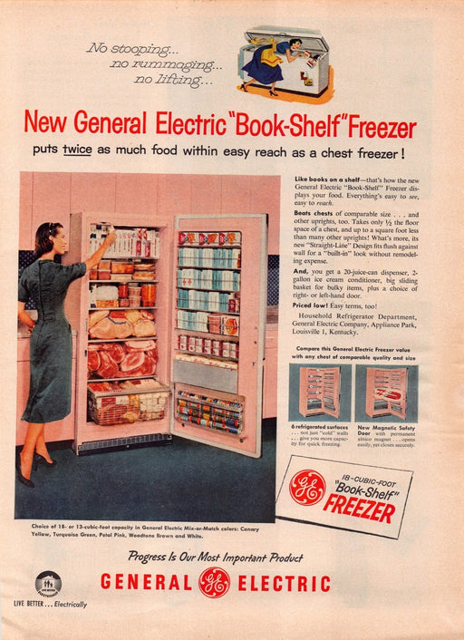 1950s General Electric "Book Shelf" Freezer Appliance Print Advertisement 1957