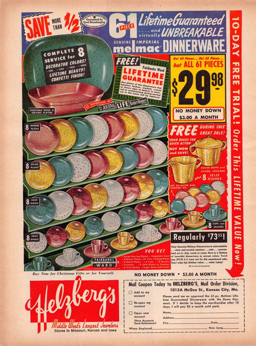 1950s Helzber's Mail Order Melmac Dinnerware Kitchen Print Advertisement Ad 1957