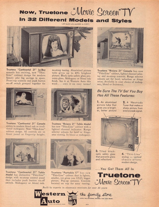 1950s Western Auto Truetone "Movie Screen" T.V. Print Advertisement Ad 1958